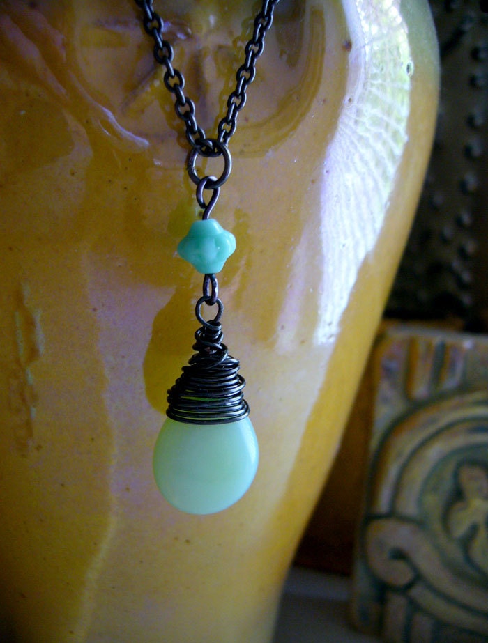Wire Wrapped Jadeite Green & Black Gunmetal Necklace Sea Foam Glass Teardrop Pendant Detroit Jewel