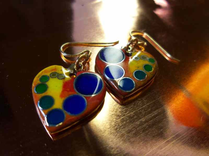 Enamel heart earrings (Vitreous enamel jewelry) cloisonne enameling