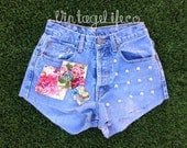 High Waisted Vintage Denim Spring Floral Patch Shorts Festival Perfect