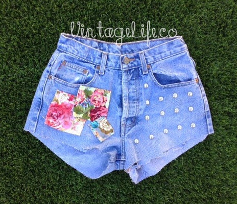 High Waisted Vintage Denim Spring Floral Patch Shorts Festival Perfect