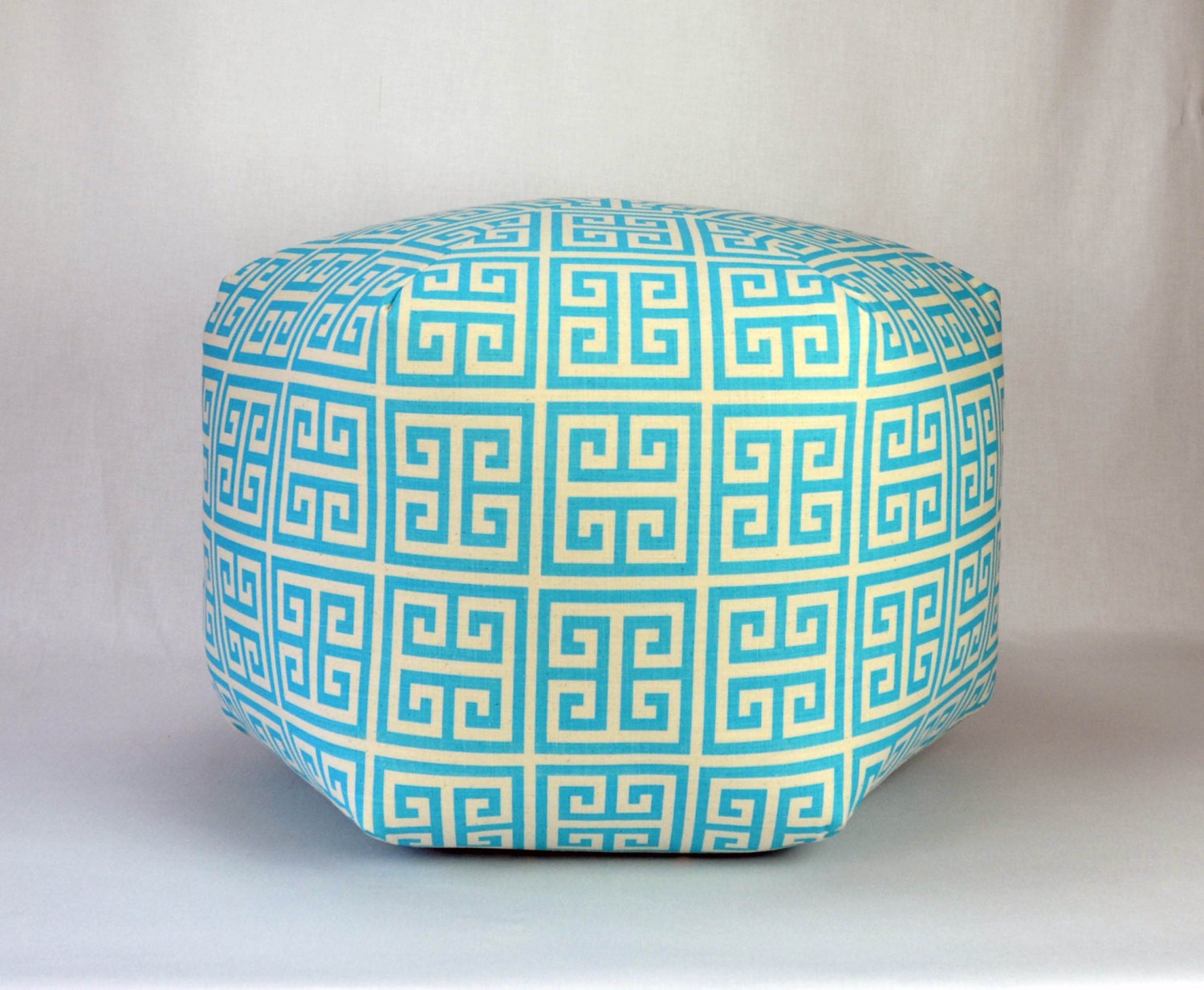 24" Floor Ottoman Pouf Pillow Mandarin Blue Natural - Towers Greek Key Contemporary Modern Print