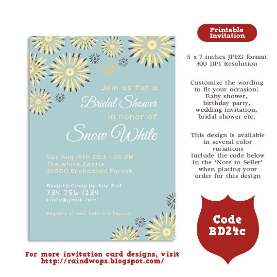 Retro Flowers Printable Invitation Card for Bridal Shower, Wedding, Baby Shower, Birthdays