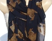 New stylish leopard pattern silk scarf, deep blue chiffon black scarf, shawl, soft comfort women accessories