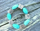 Eco-Friendly Stretch Bracelet with Turquoise Tagua Nuts & Silver Metal Squared Beads, Vegetable Ivory  Vegan