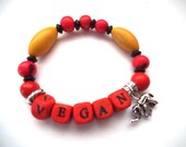 Vegan Stretch Bracelet, Red Acai Seed Beads, Yellow Tagua Nuts, Tibetan Silver Elephant Charm, Eco-Friendly
