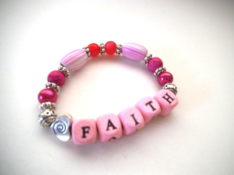 Eco-Friendly "FAITH" Stretch Bracelet with Wood Letter Beads, Pink and Silver Beads, Vegan