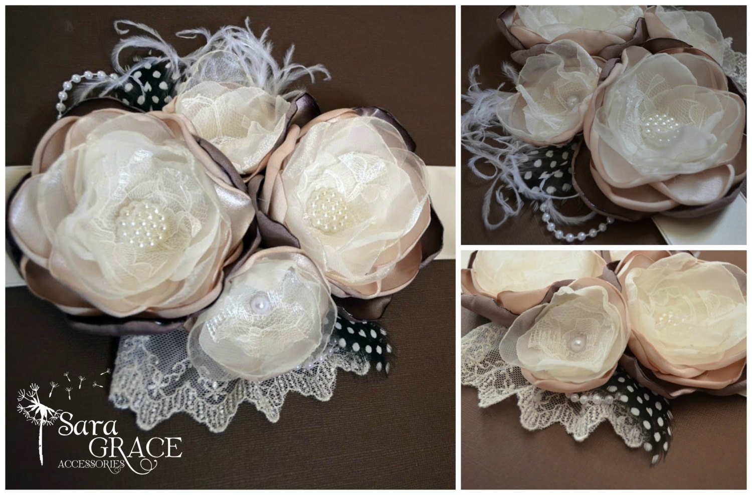 Natural Beauty Maternity Sash (Neutral, Taupe, Cream, Ivory, Lace, Chiffon, Satin, Feathers, Pearls)