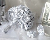 Satin  wedding bouquet  Silver ice  roses , hairornament and boutonniere