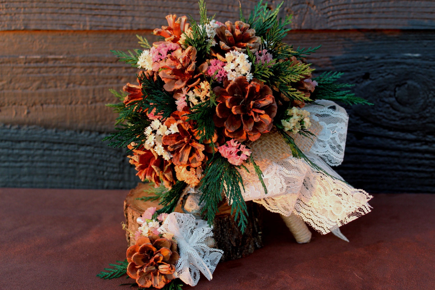 Wedding Bouquet and Boutonniere, Pinecone, Woodland, Rustic, Boutonniere, Pine Cone, Bridal Bouquet with Pinecones, Cedar and Wildflowers