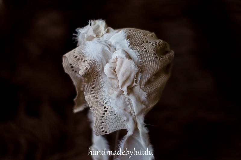 baby bonnet , simply from cream lace and hand dyed chiffon in cappucino color , newborn Photo prop, baby hat, vintage girl