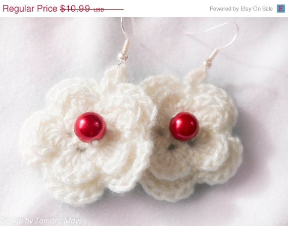 SALE Crochet Earrings White Flower with Red Pearl