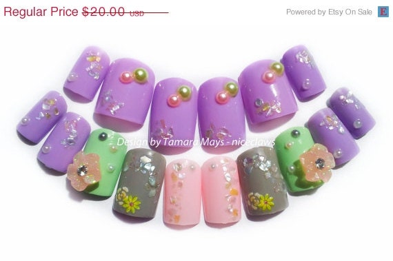 SALE Pastel Flowers and Pearls 3D Lily Fake Nails