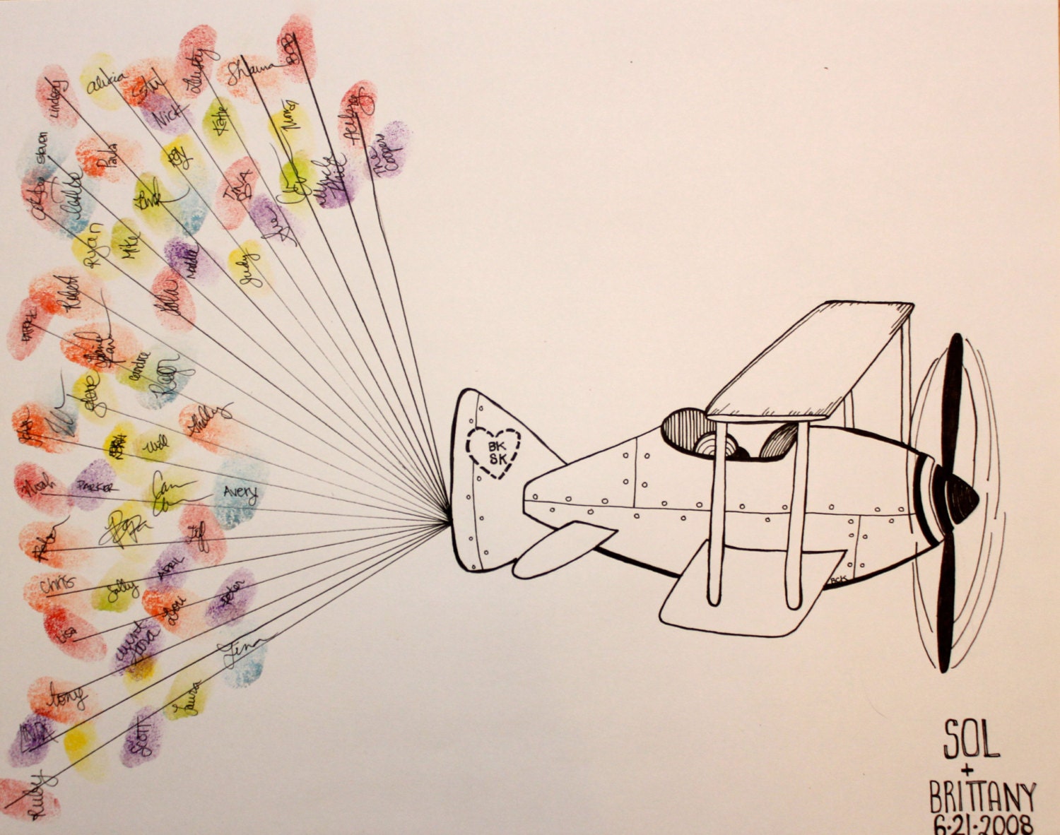 Hand Drawn Ink Guest Book Art: Vintage Airplane 2 with Balloons