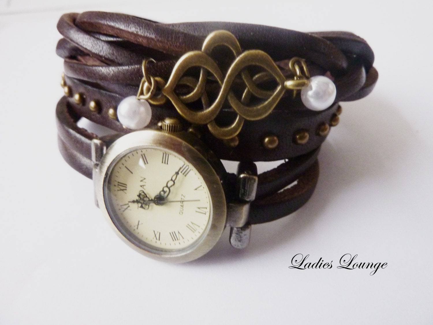 Medina II - real Leather wrist watch, Bracelet, Charm Bracelet, rivets, Leather watch,plaited, modern Jewelry