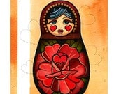 Russian Doll -Watercolour Tattoo art flash - A4 Art Print