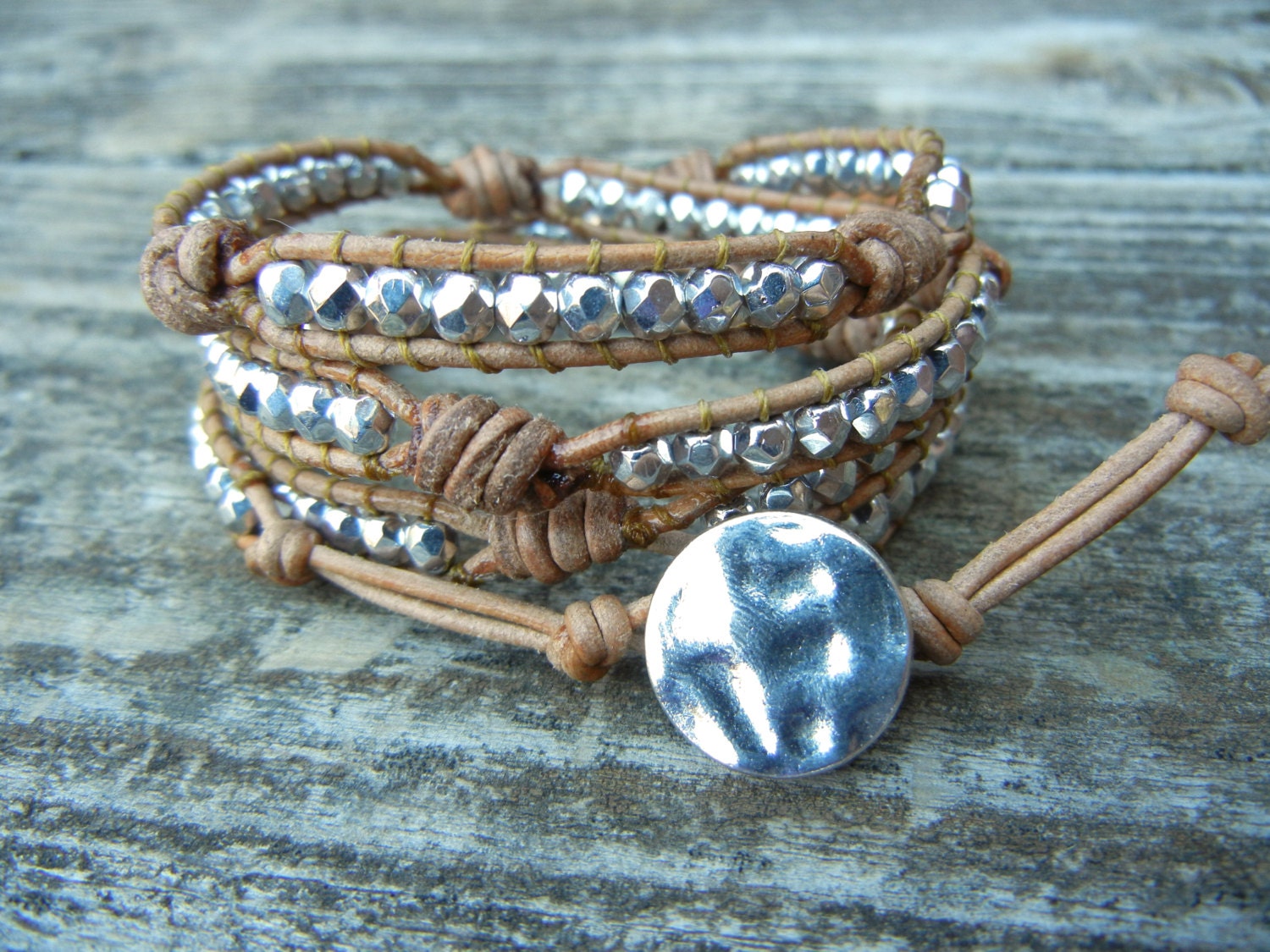 Beaded Leather Wrap Bracelet 4 Wrap with Silver Czech Glass Beads on Natural Tan Brown or Black Leather with Knots