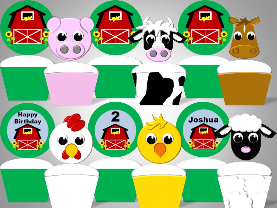 Farm Animals Cupcake Wrappers and Toppers - Personalized With Name and Age - Farm Yard Party - DIY Printable Party Decorations Il_170x135