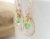 Gold Earrings, Delicate Gold Dangle Earrings, Green And Gold Earrings,