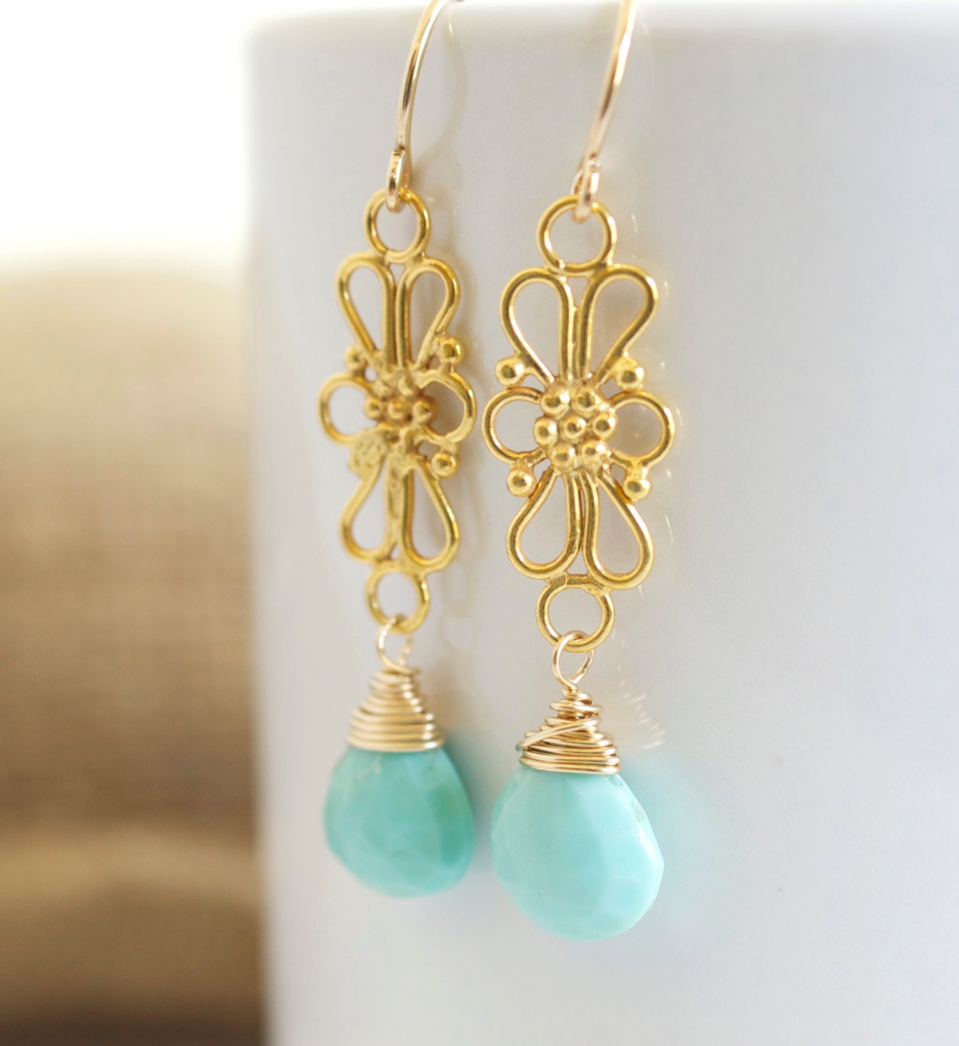 Turquoise Dangle Earrings, Sleeping Beauty Turquoise Earrings, Gold Earrings, Dangle Earrings, Delicate Earrings, Wire Wrapped Earrings