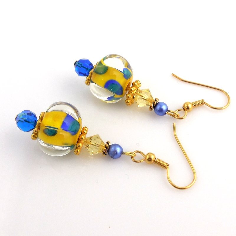 Blue and Yellow Lampwork Earrings, Dangle Earrings, Drop Earrings, Glass Beads Earrings, Beadwork Earrings, Beaded Jewelry, Lampwork Jewelry