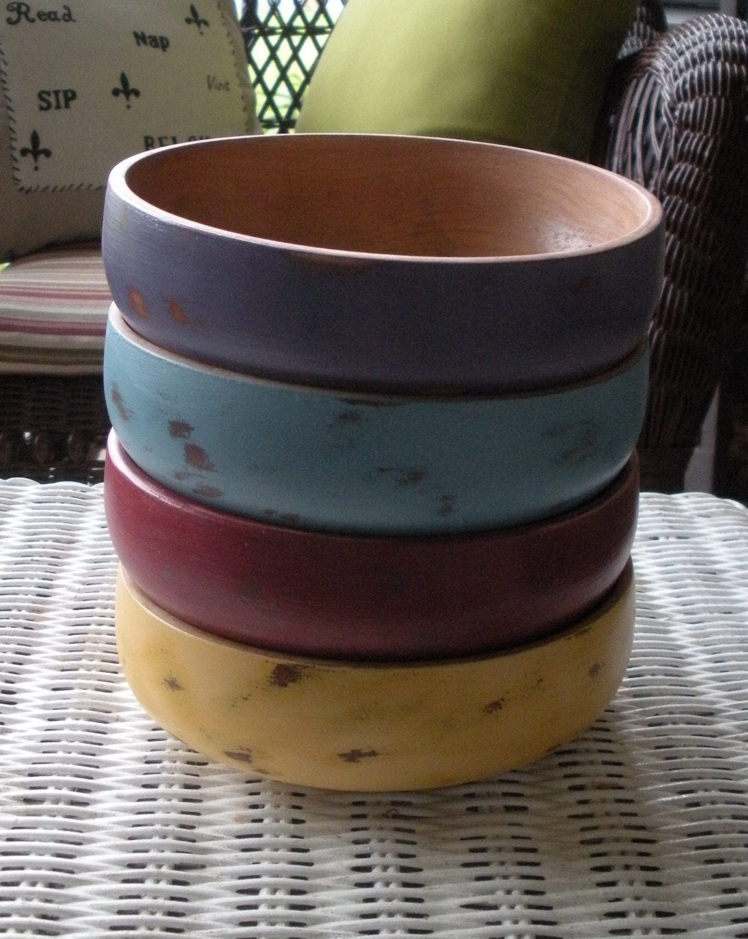 Wood Serving Bowls-Painted and Distressed Wood Bowls Cottage Chic- Farmhouse - Snack Bowls - Set of 4