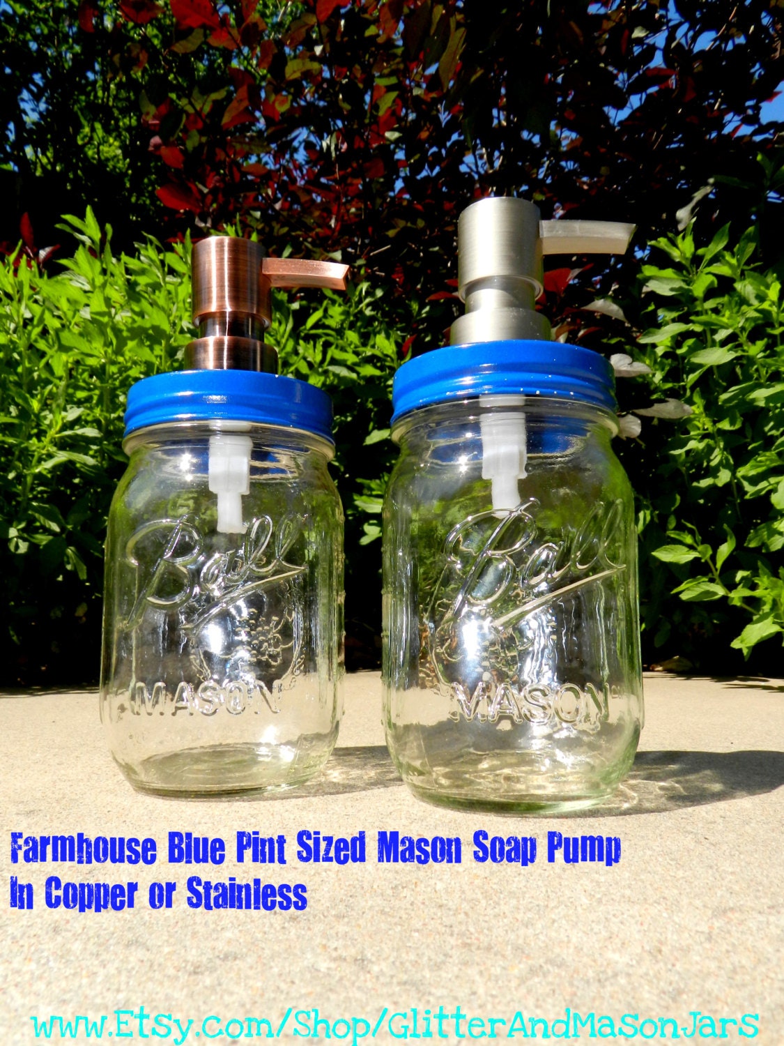 Farmhouse Blue Lid Pint Sized Mason Soap Dispenser with Copper or Stainless Pump