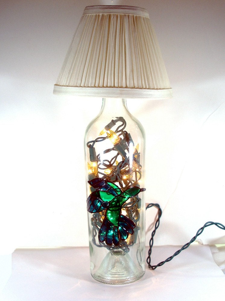 Hummingbird Hand Painted Wine Bottle Lamp with Mini Lamp Shade