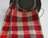 Handwoven Kitchen Tea Towel, Red Blue Tan Cotton Dish Towels, Plaid Dish Towel, Tea Cloth, Hand Woven Dish Cloth, Stars and Bars Towel
