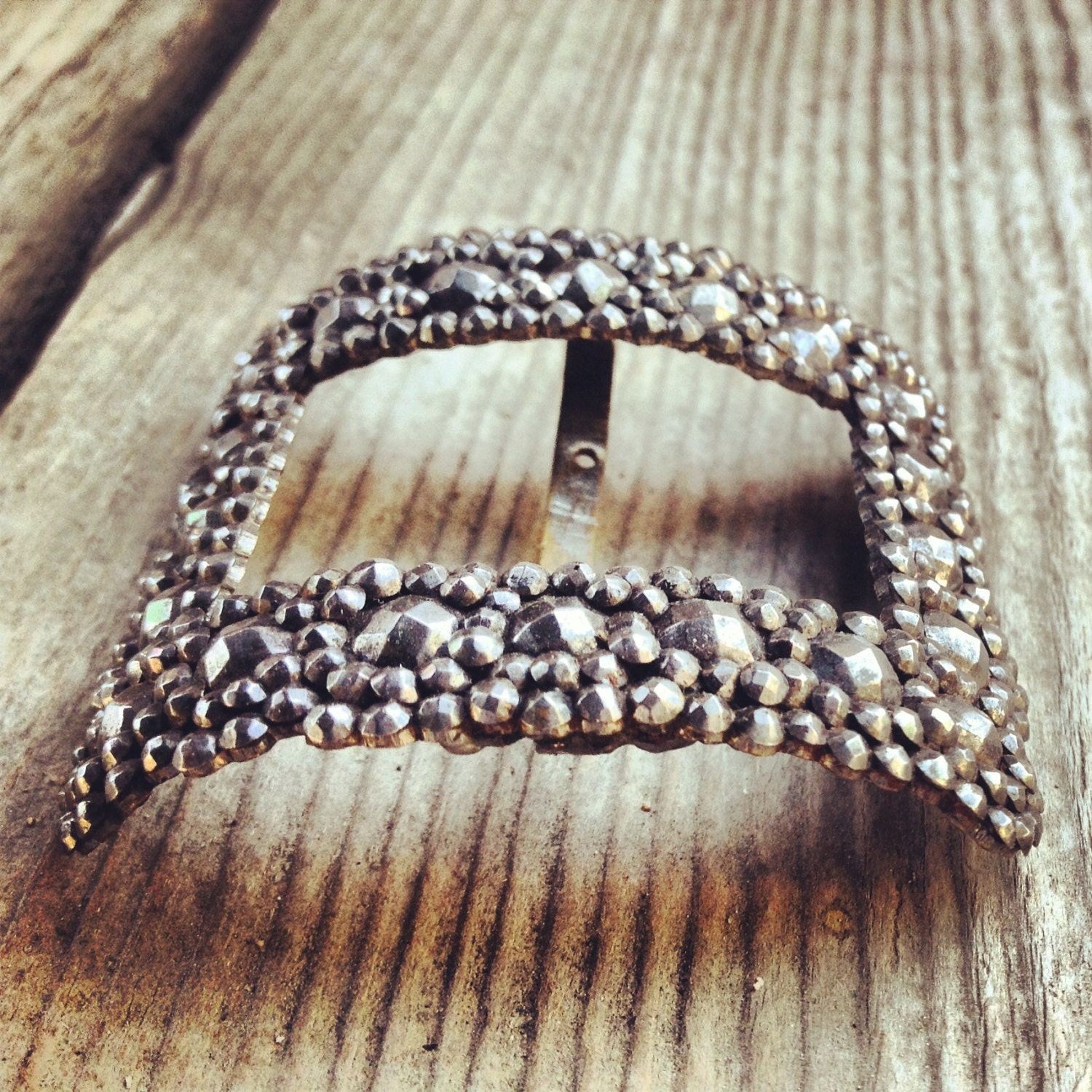 Antique Marcasite belt buckle, large hand set stones in rustic setting, deathly elegance