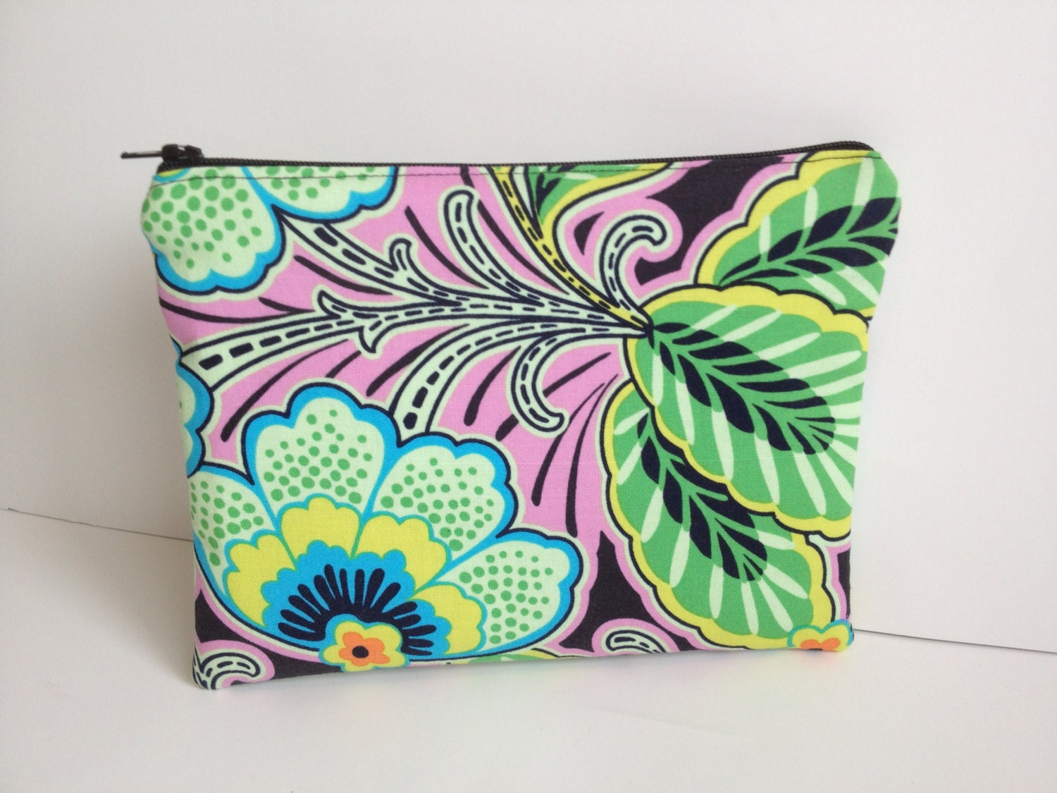 Zippered Pouch Cosmetic Bag, Zipper Clutch Purse, Flat Make Up Bag, Project Bag, Amy Butler Floral Couture Fabric