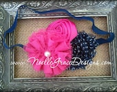 Navy & Hot Pink Shabby Fabric Flower Headband- babies, photography, photo, prop, girl, newborn, hair, bows, accessories, blue, pink