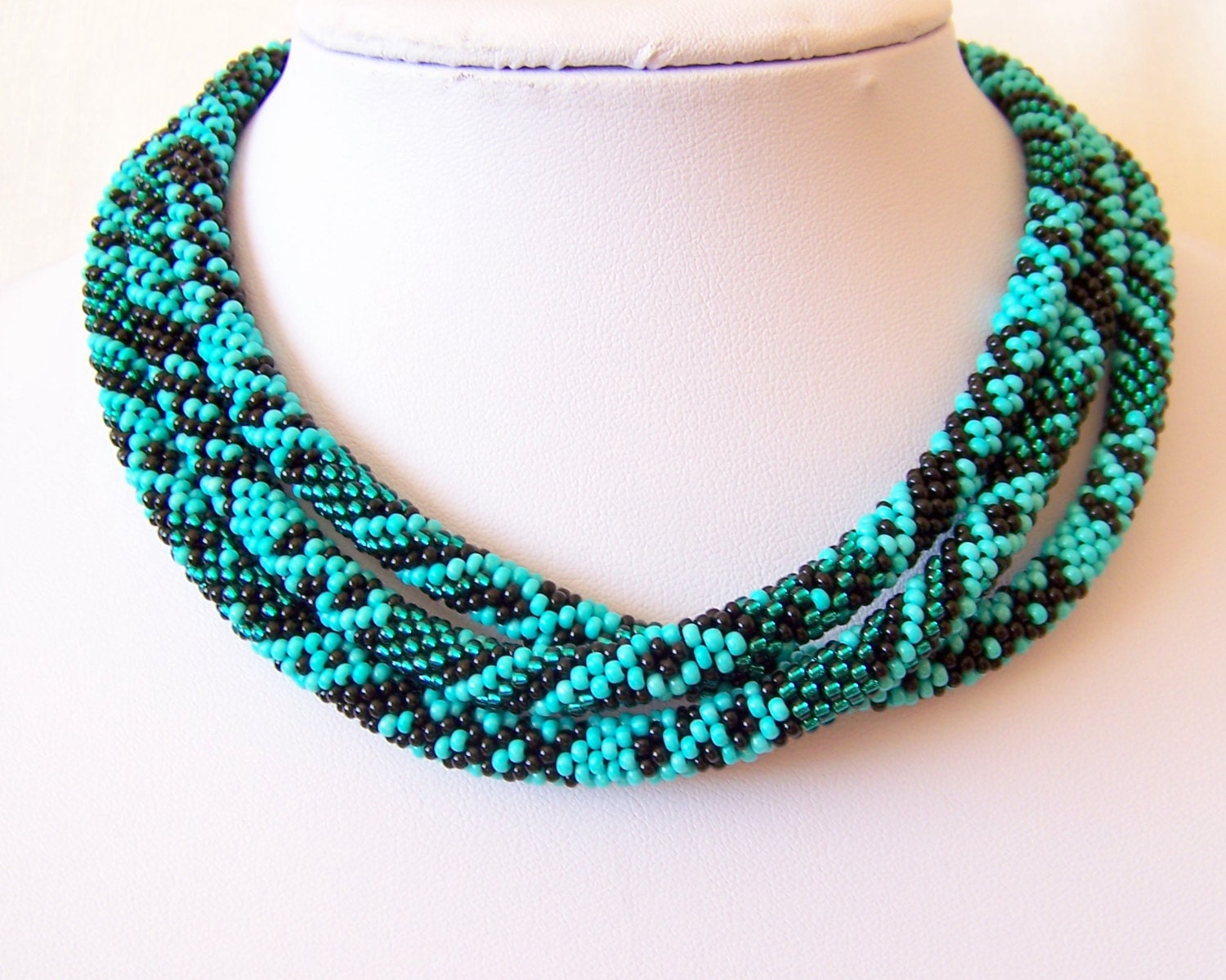 Long Beaded Crochet Rope Necklace - Beadwork - Elegant - Geometric  - Patchwork - Multi Color - Black - Turquoise - Teal - Emerald
