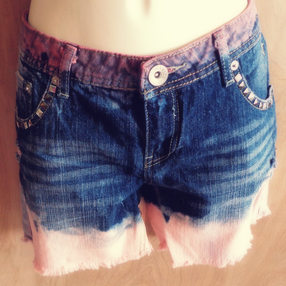 Upcycled Denim Dip Dye Shorts with Destruction and Studs - Size 8