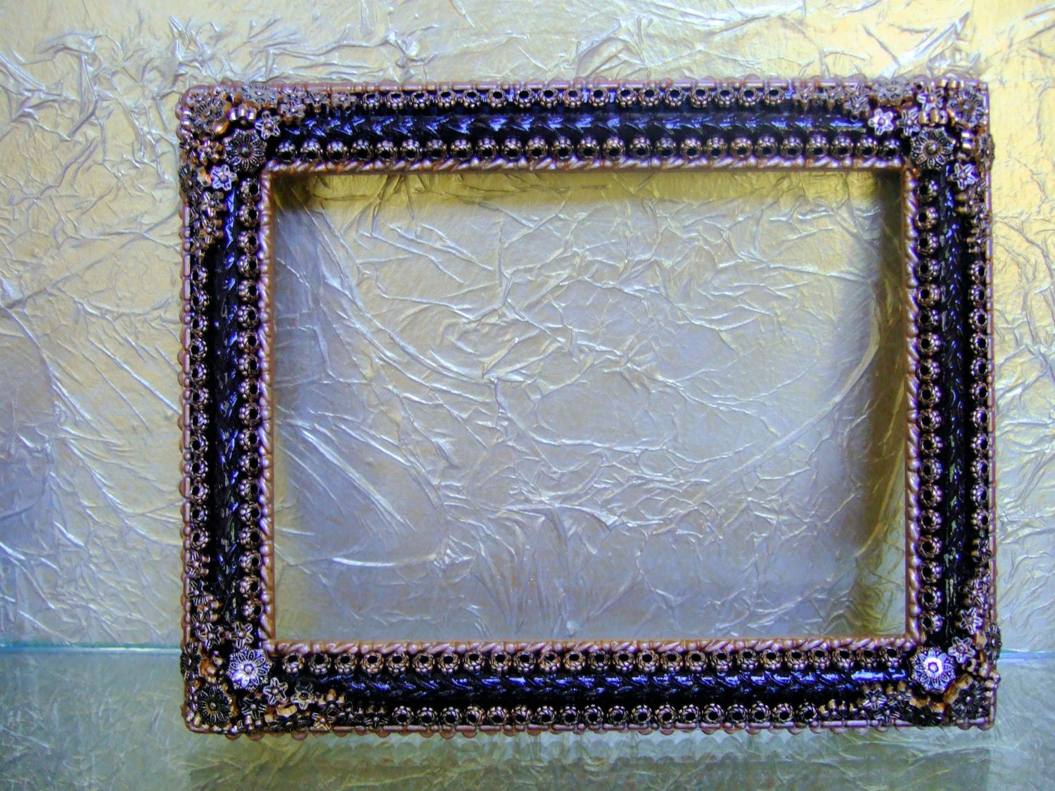 Dark Brown Hand Painted 5 x 7 Picture Frame Embellished with Bronze/Gold Tone Antique Finish Beads, Table Decor, Wall Decor