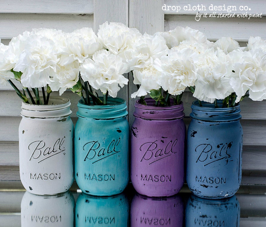 Painted & Distressed Mason Jar - Spring Colors
