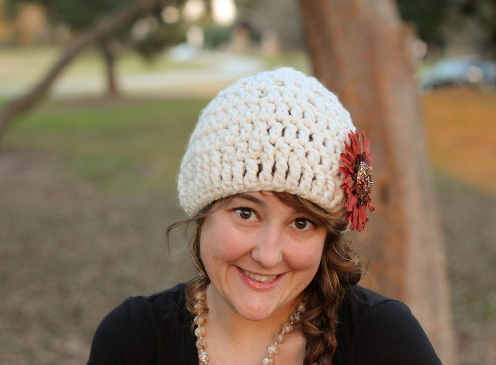 Crochet Flower hat- Off White Crochet Womens Hats - Crochet flower beanie hat