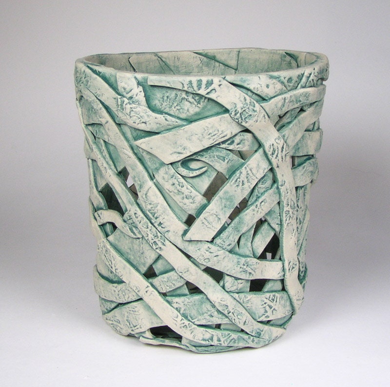 Peacock Blue Orchid Pot, Pale Blue Decorative Planter, Unglazed Ceramic Luminary