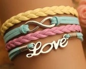 karma bracelet,retro silver infinity and little love letters bracelet,yellow and pink leather braid---B251