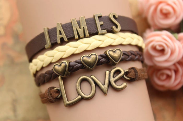 Lover Name bracelet,love letters bracelet,retro bronze love heart bead,initial bracelet,LETTERS bracelet--B265