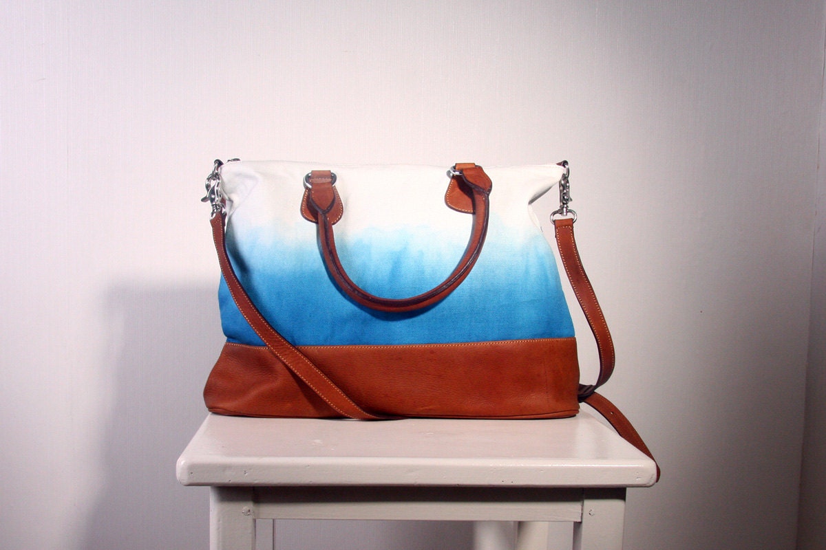Hand Dyed Leather Bag in Light Blue and White