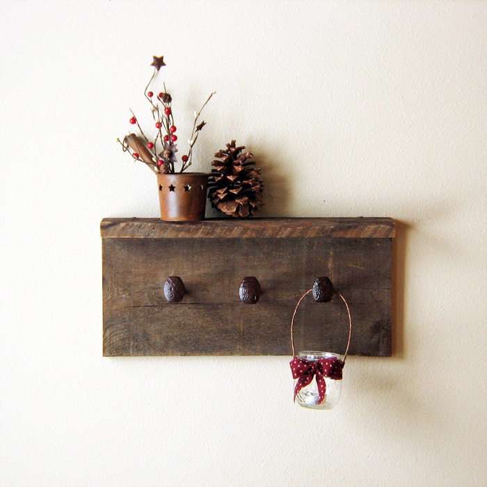 Rustic hardware coat rack with shelf, wall hanger with 3 railroad spike hooks, 18" x 8" barnwood wall hooks - TumbleweedCabin