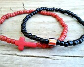 Red cross and striped chevron bracelet duo