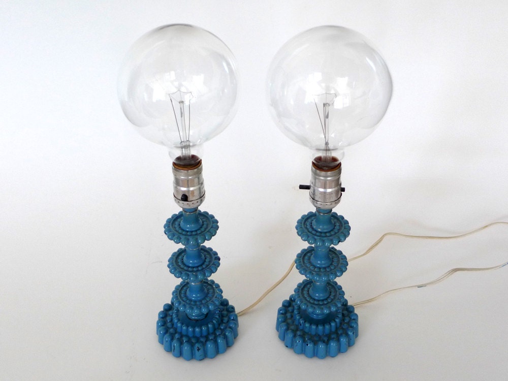 Vintage Blue Glass Table Lamps - Mid Century, Chippy