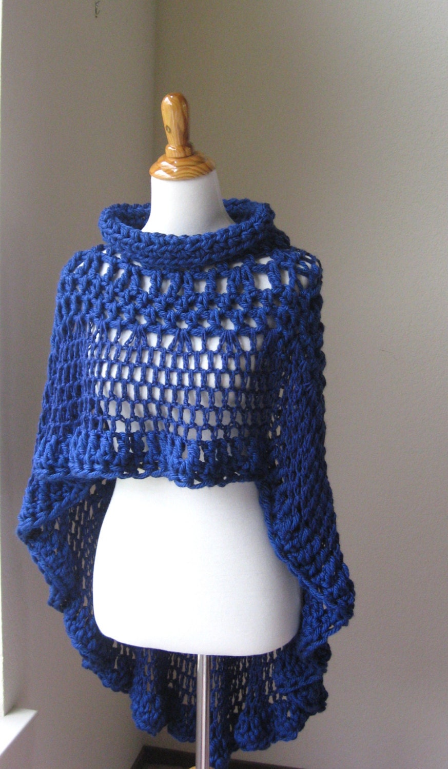 COBALT BLUE PONCHO Crochet  Teen Girls Boho Circle Fashion Capelet Gift for Her Turtleneck Original Handmade Knit