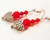 Women's earrings medium floating red beaded heart SALE love silver filigree pierced dangle earrings Valentine Boho jewelry tagt tenx