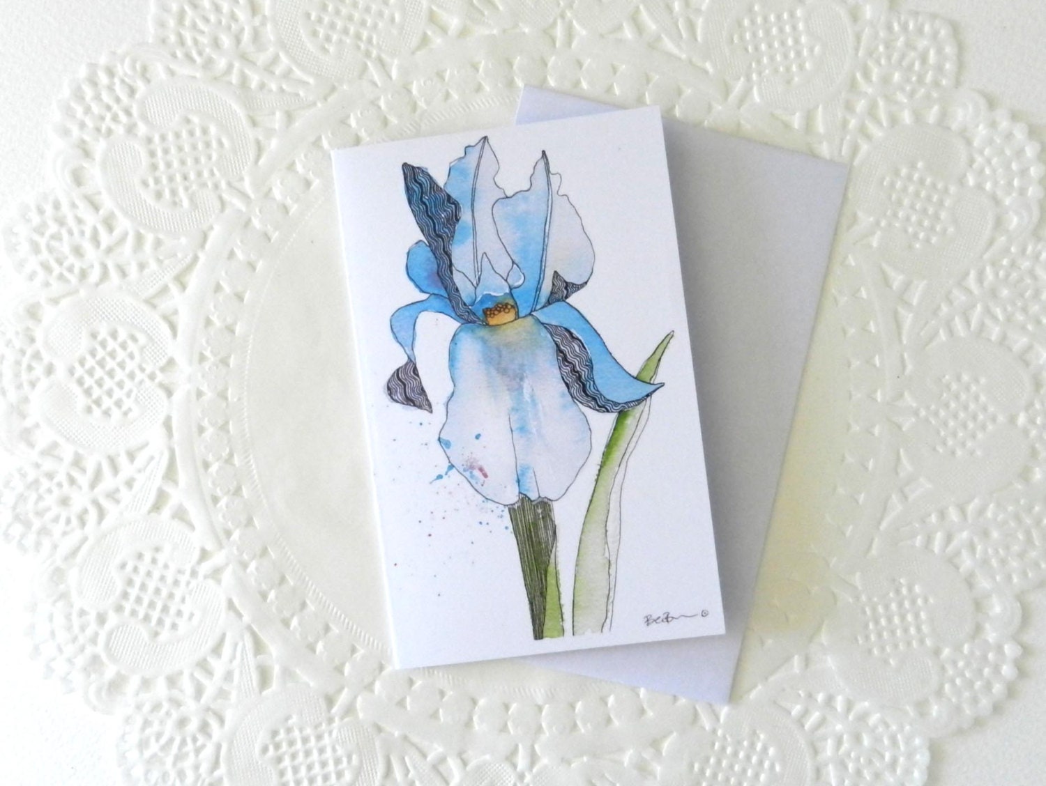 Blue Iris Greeting Card. From Original Watercolour Drawing.