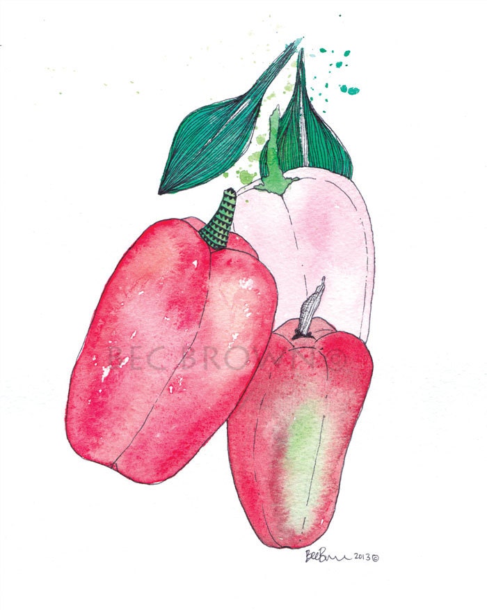 Red Peppers Vegetable Watercolor Art Drawing 8x10" Print (unframed)