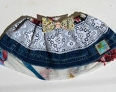 Baby Skirt denim lace layered. 9 months. Vintage cotton lace, upcycled denim, bird fabric