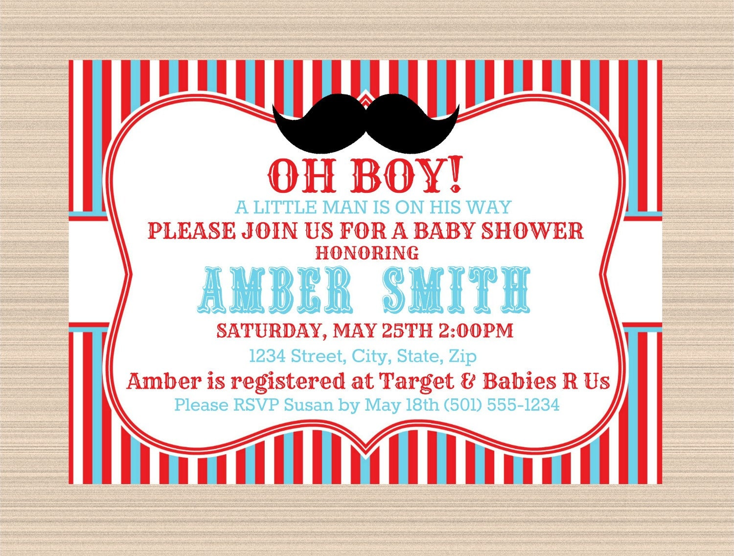 Red and Turquoise Mustache Digital Baby Shower Invitation