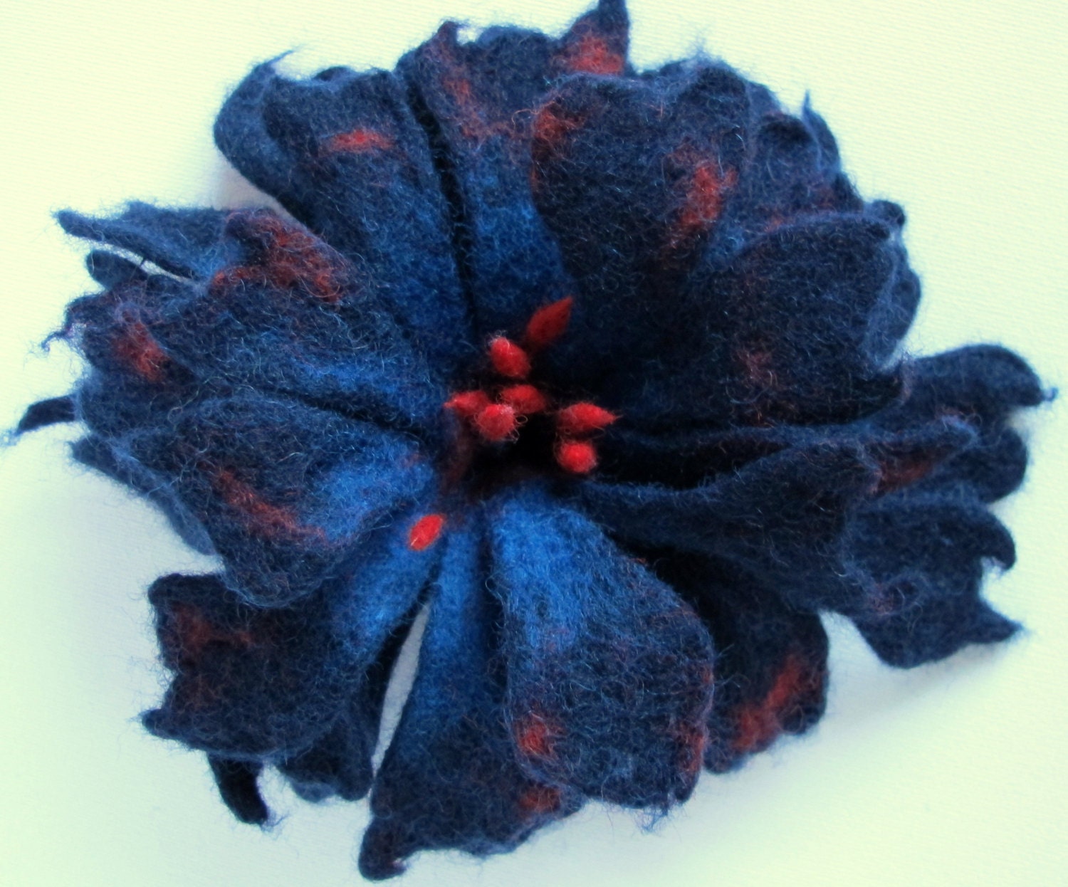 Felt Navy Blue Red Unique Felted Flower Brooch Handmade Merino Wool High Fashion Jewelry